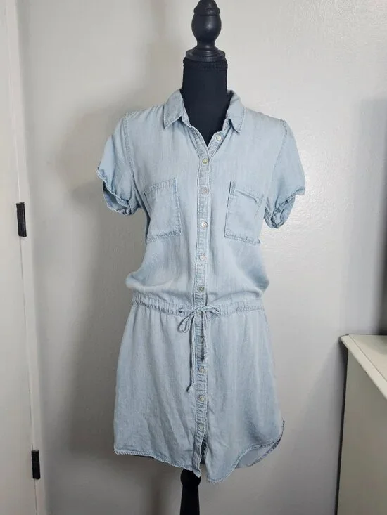 Lovestitch Button Down Tencel Denim Dress Blue Boho Short Sleeve Size Medium - Picture 2 of 6